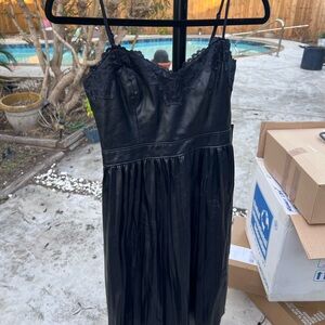 Express Faux Leather Black Strapless Dress with Lace Detail